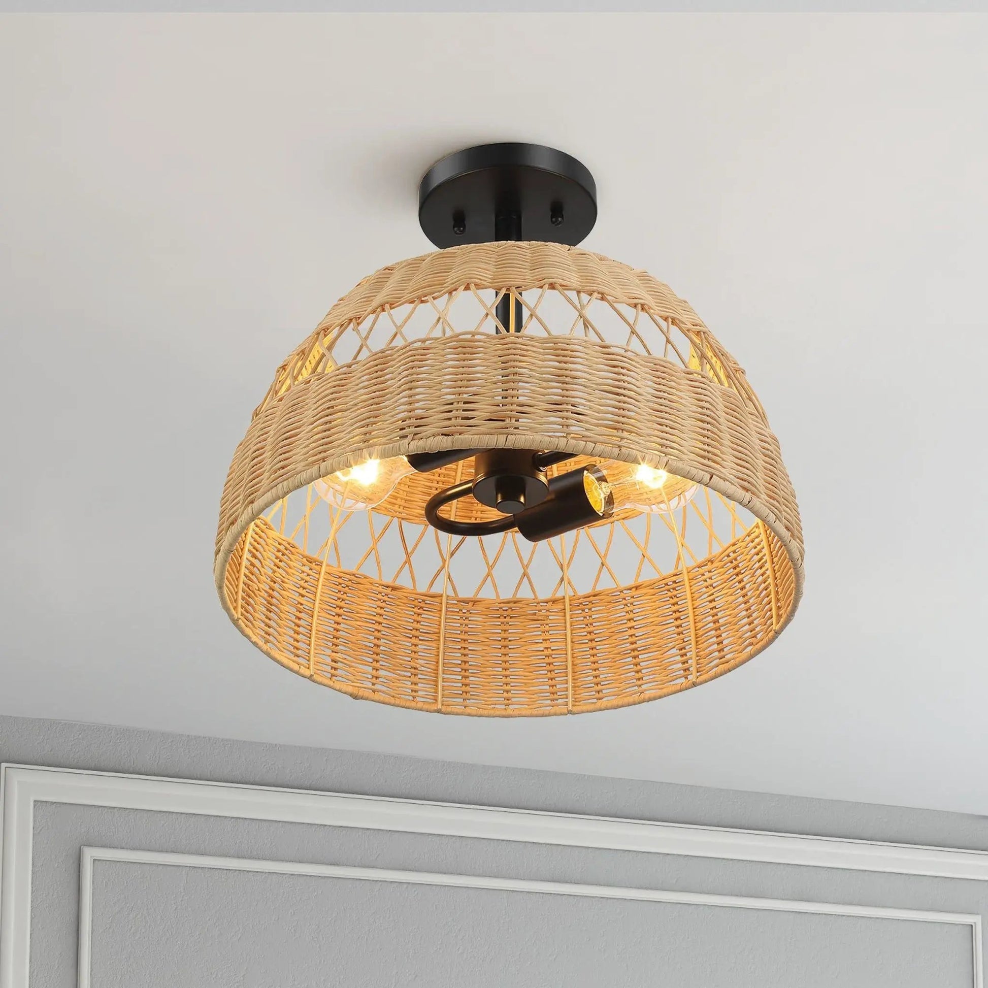 Twinkle ceiling lamp black base with natural rattan shade 2 bulbs Unique Piece Furniture on Tampa Home & Garden Store