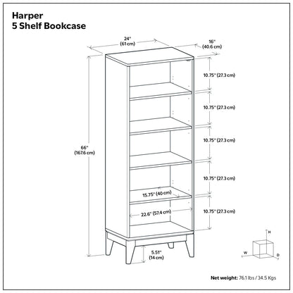 Adjustable bookcase with storage and wood shelves; HouseOfZazla Harper 5-shelf unit, tall 66 in on Tampa Home & Garden Store