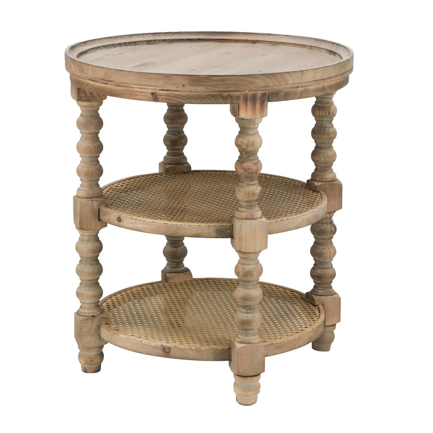 Round 3-tier end table in distressed wood with woven cane shelves Unique Piece Furniture on Tampa Home & Garden Store