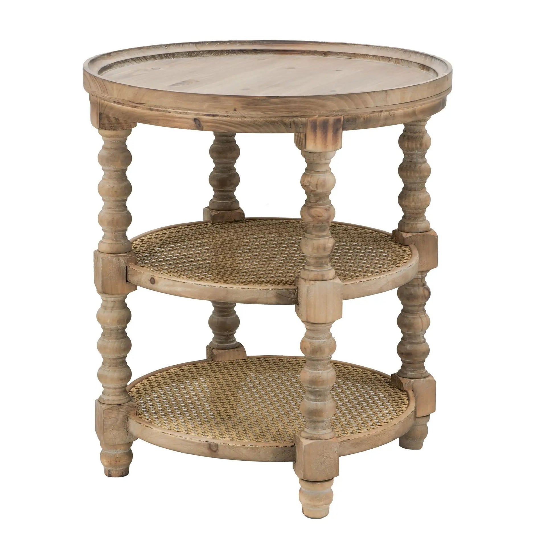 Round 3-tier end table in distressed wood with woven cane shelves Unique Piece Furniture on Tampa Home & Garden Store
