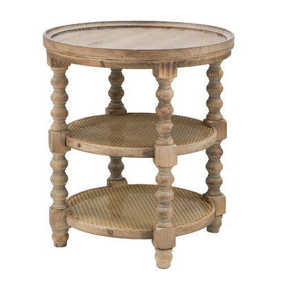 Round 3-tier side table in light brown wood with turned legs and woven shelf HouseOfZazla on Tampa Home & Garden Store