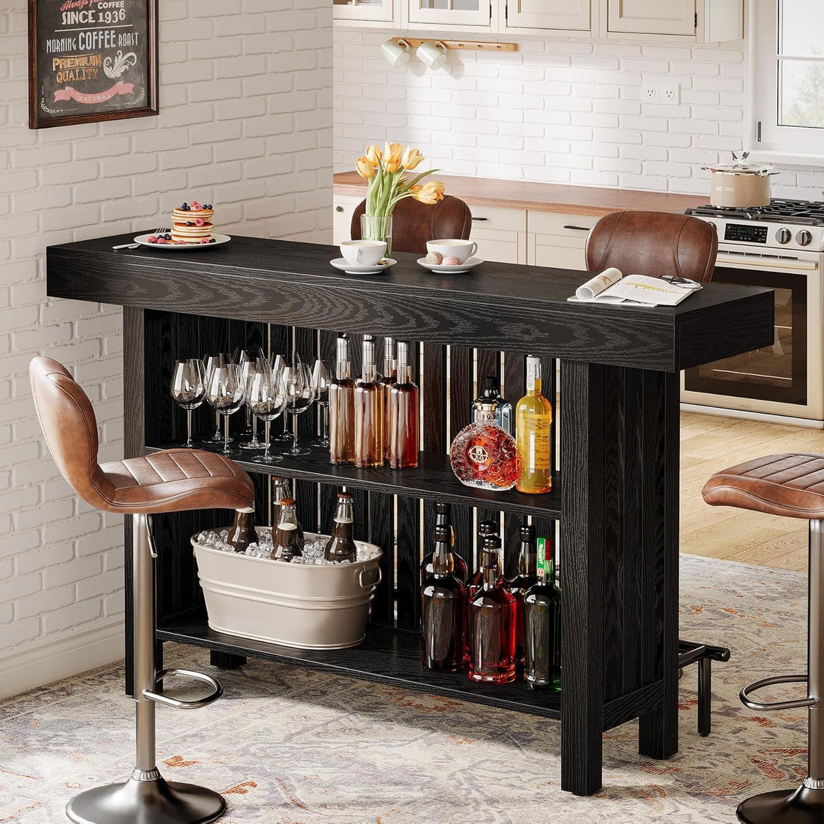 2 Tier Mini Bar Table for Kitchen - Black by HouseOfZazla with two stools on Tampa Home & Garden Store