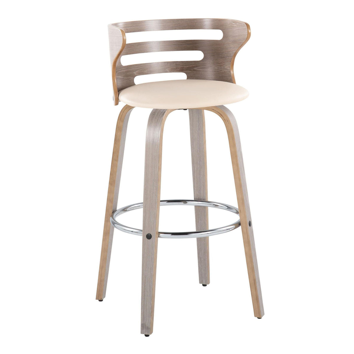 Mid Century Modern barstool with beige seat and curved wood back, swivel footring on Tampa Home & Garden Store