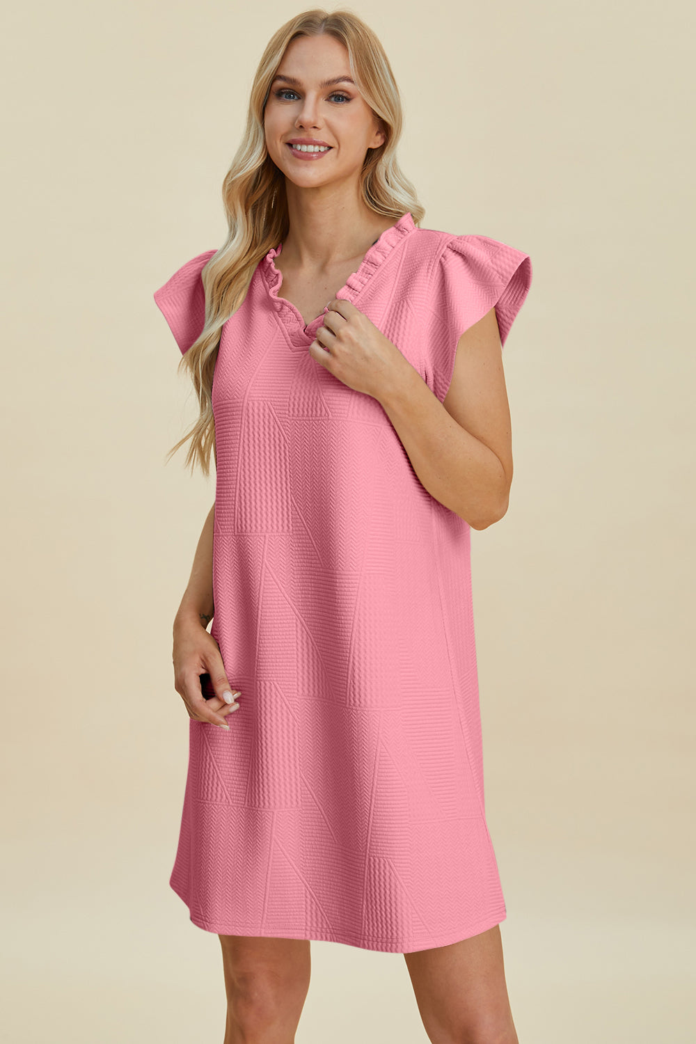 Double Take fullsize ruffled V-neck cap-sleeve dress in pink with textured pattern by Stevvex on Tampa Home & Garden Store