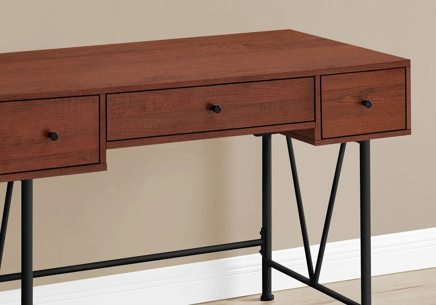 Writing desk in brown wood grain with three drawers and black metal legs for home office on Tampa Home & Garden Store