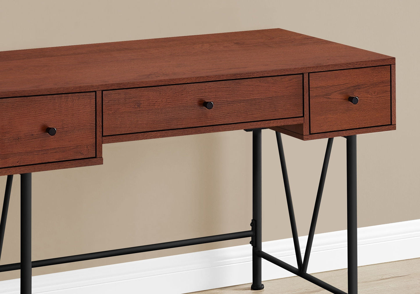 Writing desk HouseOfZazla with three storage drawers, walnut finish, black metal legs on Tampa Home & Garden Store