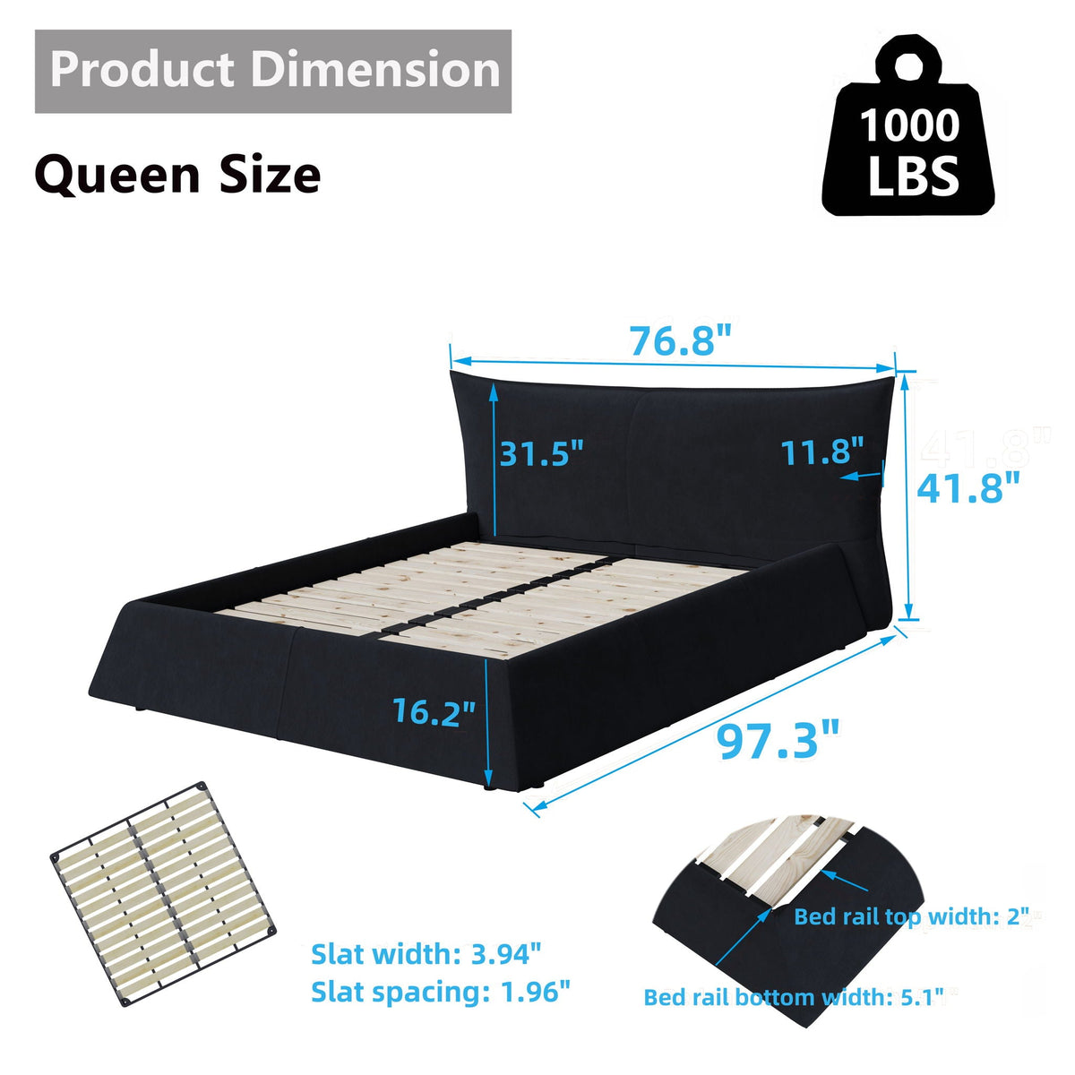 Upholstered platform bed with special shaped headboard in black, queen size, HouseOfZazla on Tampa Home & Garden Store