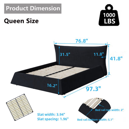 Upholstered platform bed with special shaped headboard in black, queen size, HouseOfZazla on Tampa Home & Garden Store
