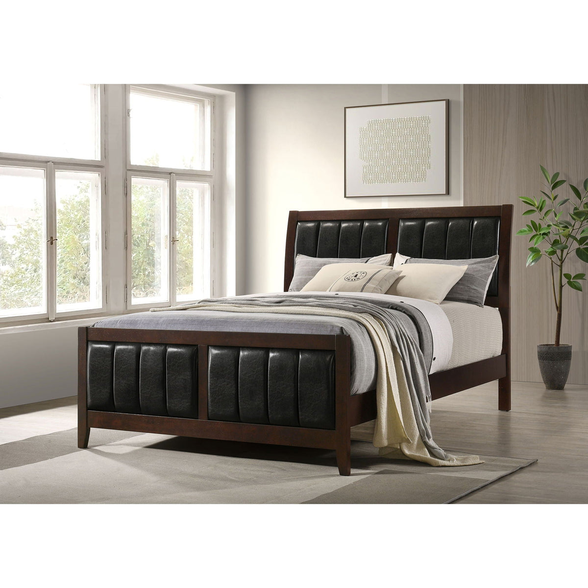 Queen panel bed with brown wood frame and black upholstered headboard/footboard HouseOfZazla on Tampa Home & Garden Store