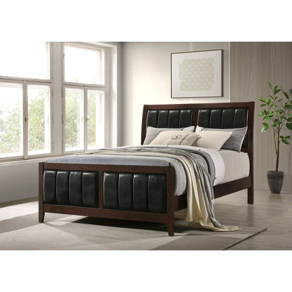 Queen panel bed with brown wood frame and black upholstered headboard/footboard HouseOfZazla on Tampa Home & Garden Store