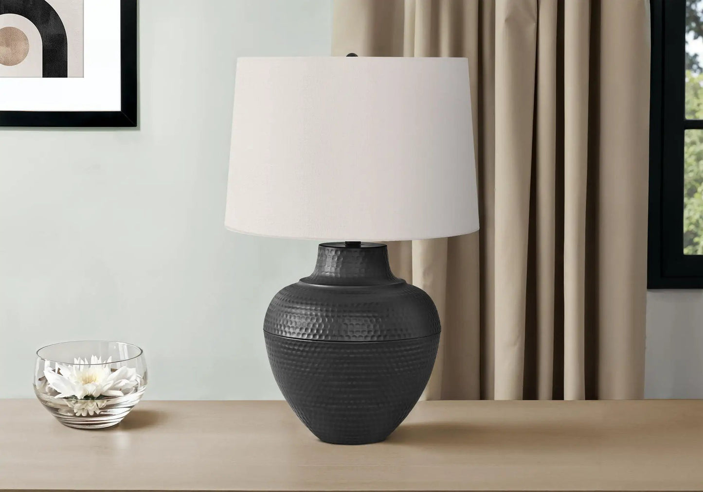 Table lamp black textured ceramic base with white shade on wooden table by Unique Piece Furniture on Tampa Home & Garden Store