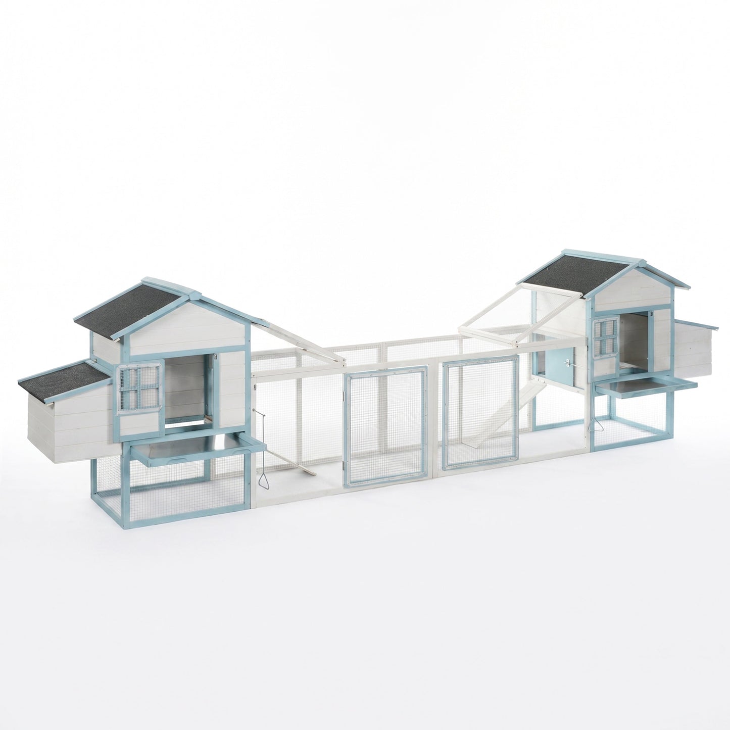 Large multi-unit wooden chicken coop with double nesting boxes, blue trim, HouseOfZazla on Tampa Home & Garden Store