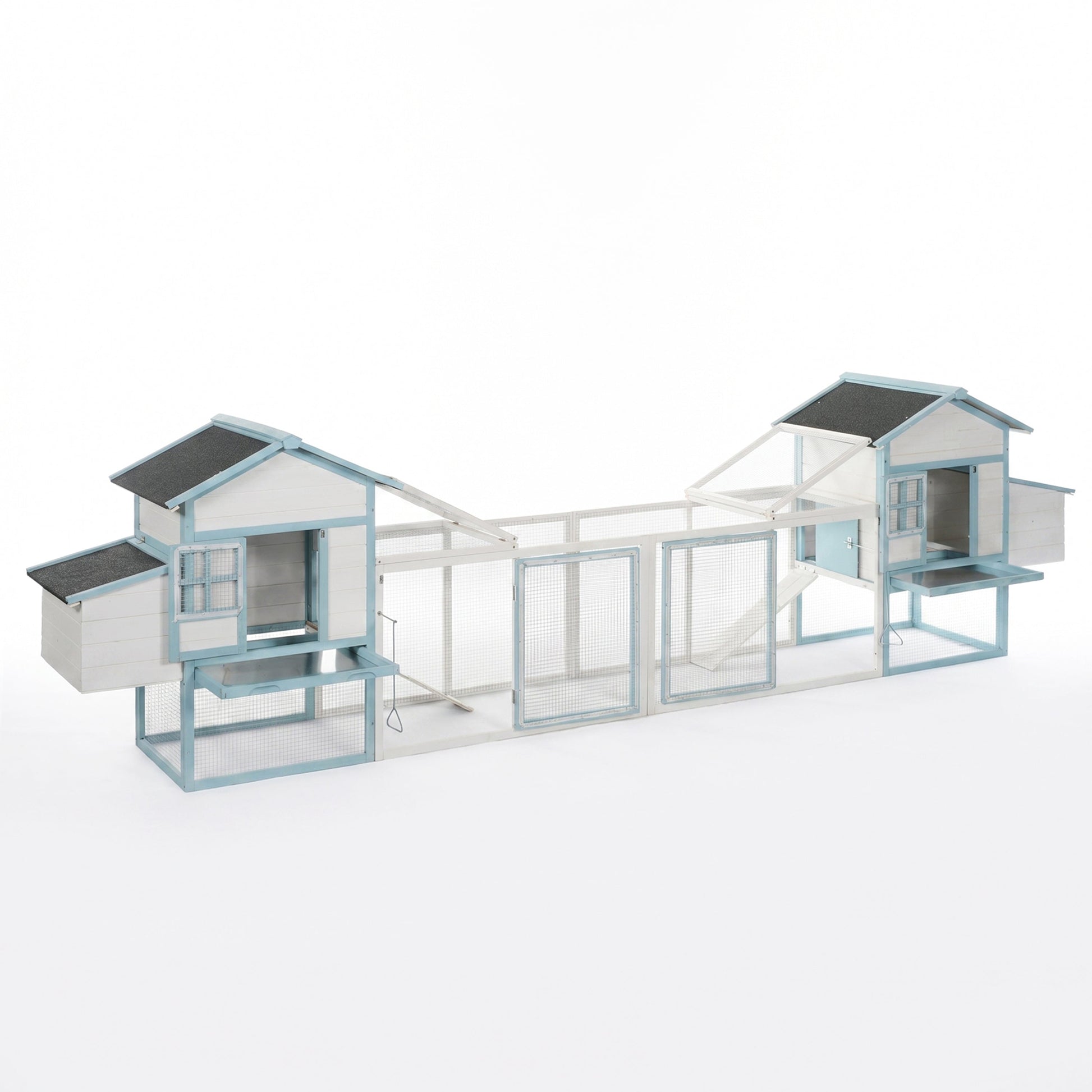 Large multi-unit wooden chicken coop with double nesting boxes, blue trim, HouseOfZazla on Tampa Home & Garden Store