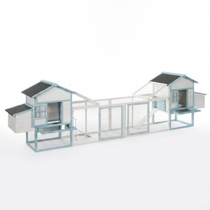 Large multi-unit wooden chicken coop with double nesting boxes, blue trim, HouseOfZazla on Tampa Home & Garden Store