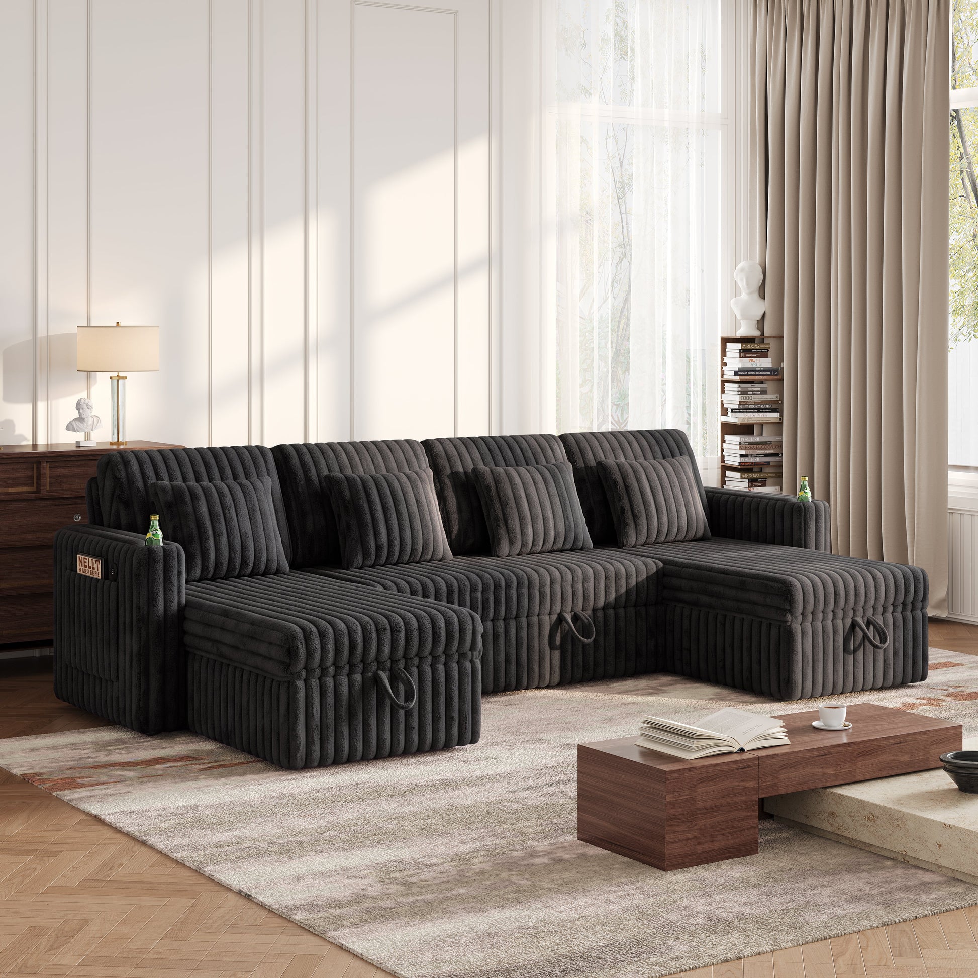 U shaped plush corduroy sectional sleeper sofa in dark charcoal upholstery HouseOfZazla on Tampa Home & Garden Store