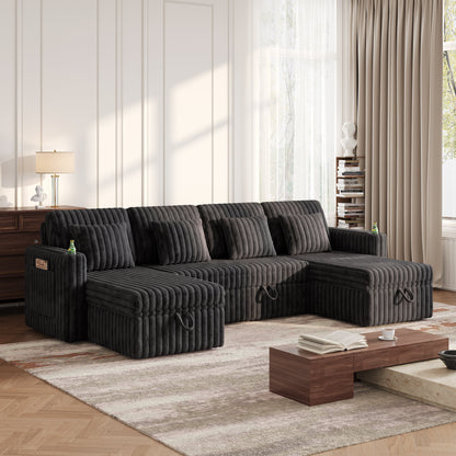 U shaped plush corduroy sectional sleeper sofa in dark charcoal upholstery HouseOfZazla on Tampa Home & Garden Store