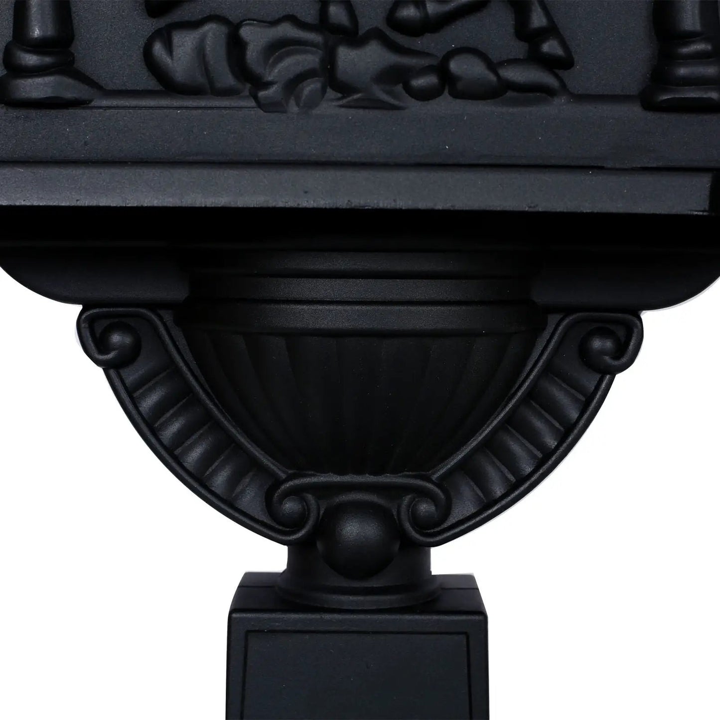 Cast aluminum mailbox post with ornate black scrollwork for outdoor decor on Tampa Home & Garden Store