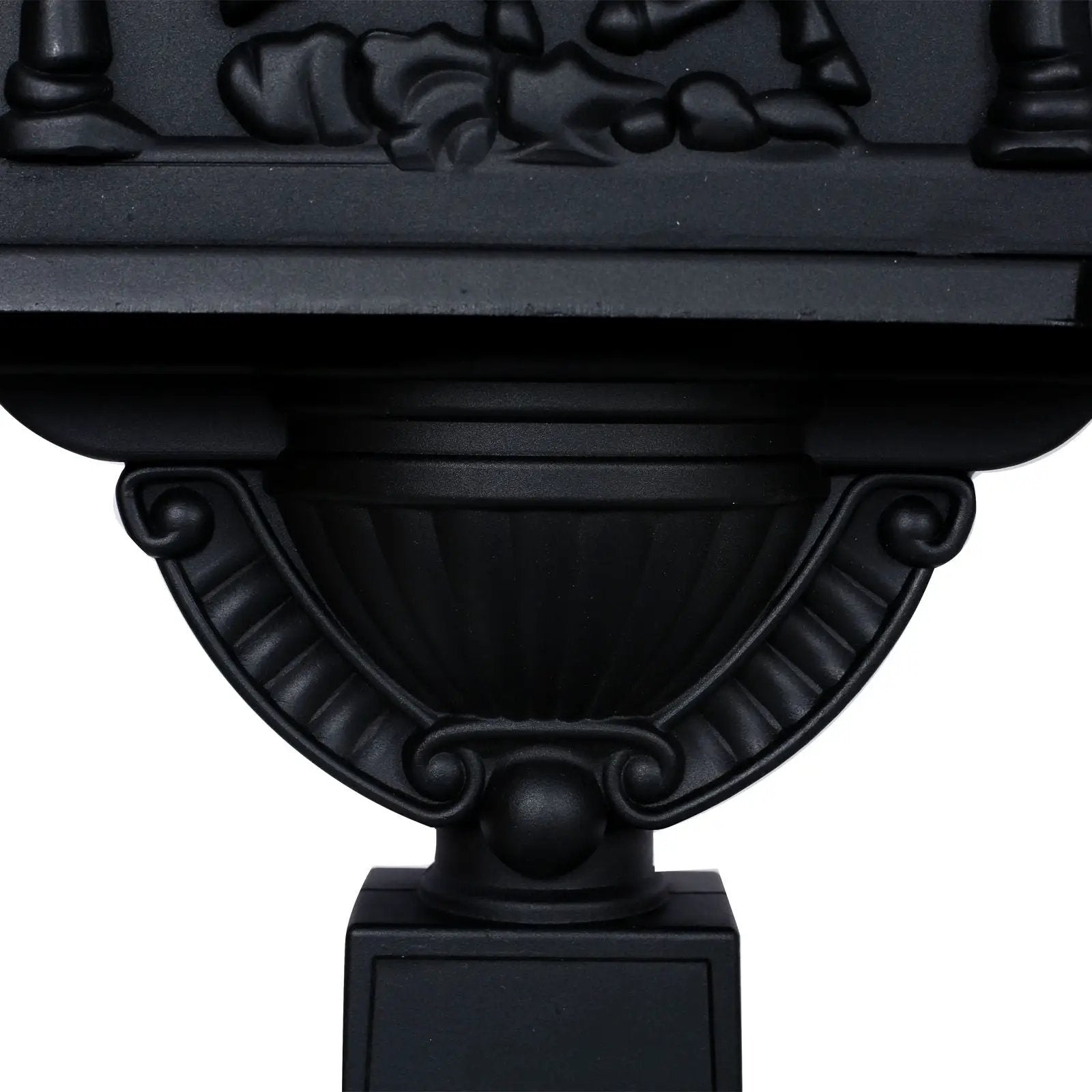 Cast aluminum mailbox post with ornate black scrollwork for outdoor decor on Tampa Home & Garden Store
