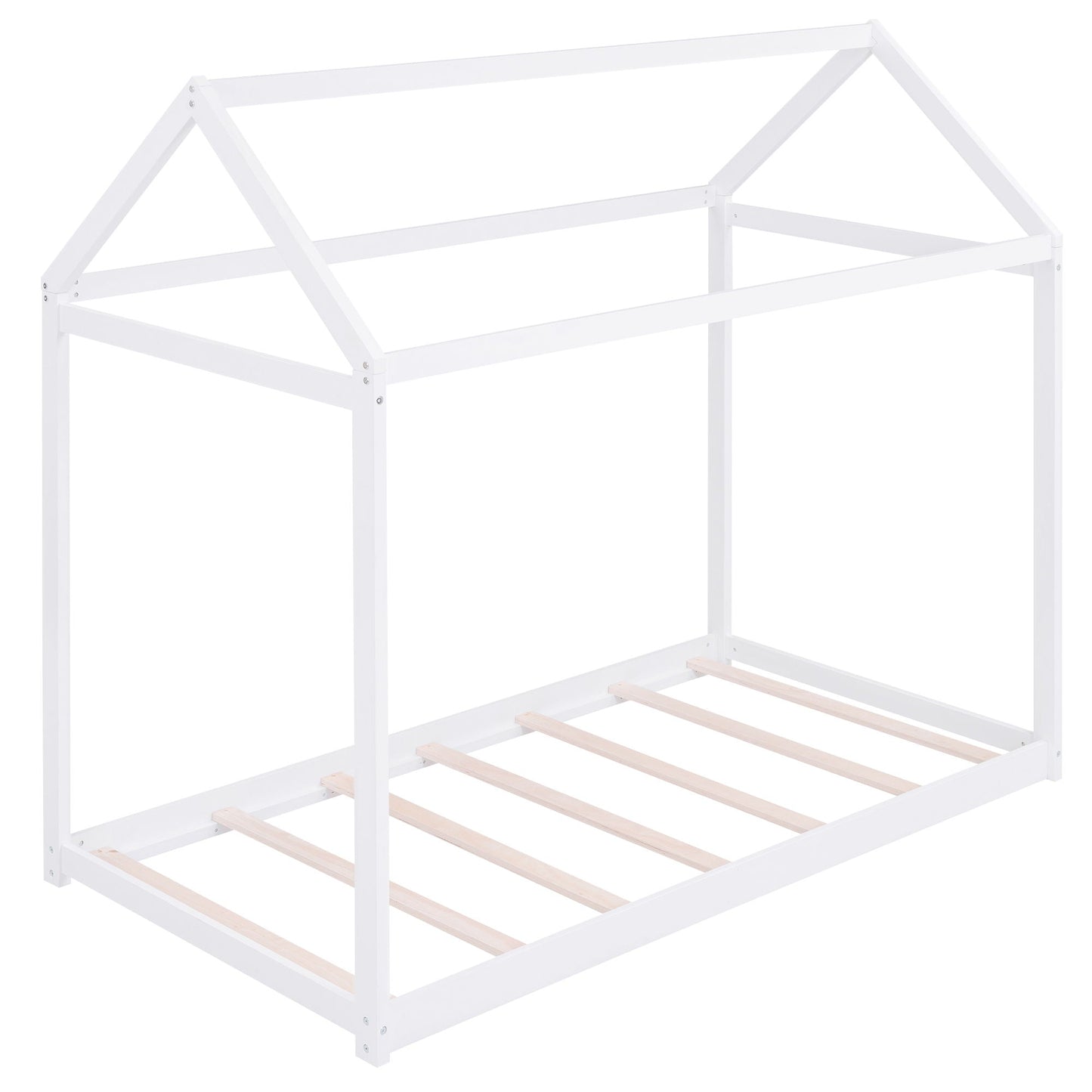 Wooden house-shaped platform bed frame in white with natural wood slats on Tampa Home & Garden Store