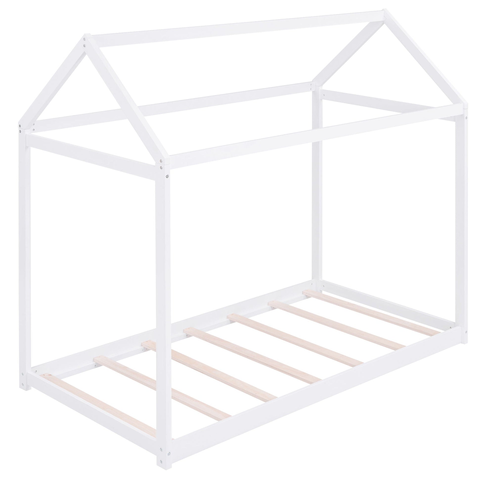 Wooden house-shaped platform bed frame in white with natural wood slats on Tampa Home & Garden Store