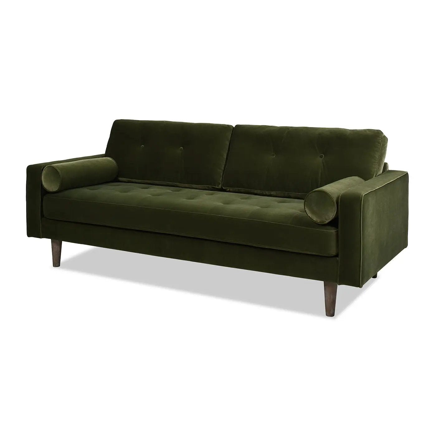 Nicholas olive green mid-century velvet sofa with tufted back and tapered wood legs on Tampa Home & Garden Store