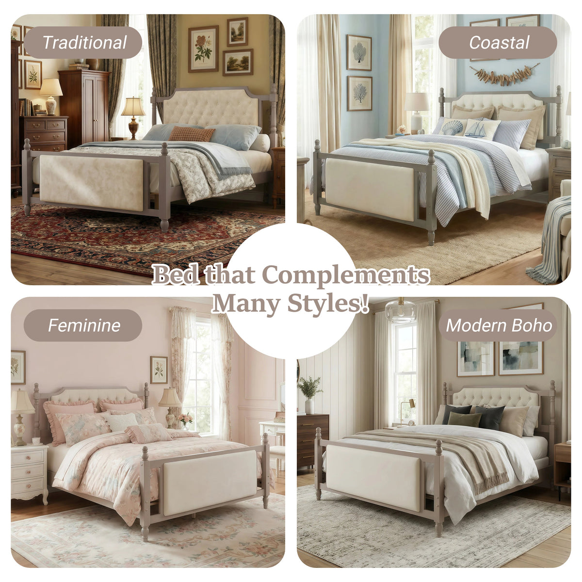 Queen size upholstered platform bed with button tufted gray headboard by HouseOfZazla on Tampa Home & Garden Store