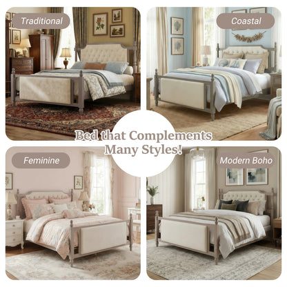 Queen size upholstered platform bed with button tufted gray headboard by HouseOfZazla on Tampa Home & Garden Store