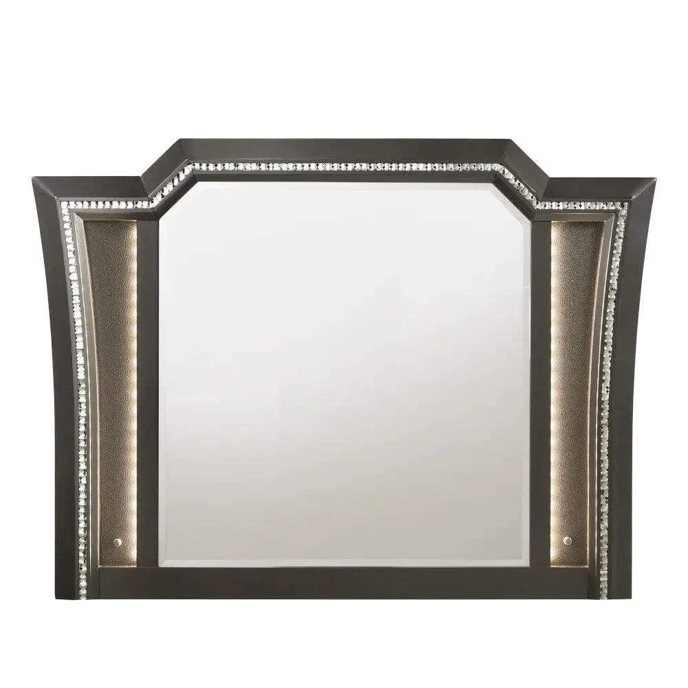 Kaitlyn Mirror With LED by Unique Piece Furniture, dark frame with crystal trim and side LEDs on Tampa Home & Garden Store