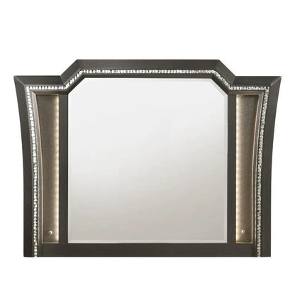 Kaitlyn Mirror With LED by Unique Piece Furniture, dark frame with crystal trim and side LEDs on Tampa Home & Garden Store