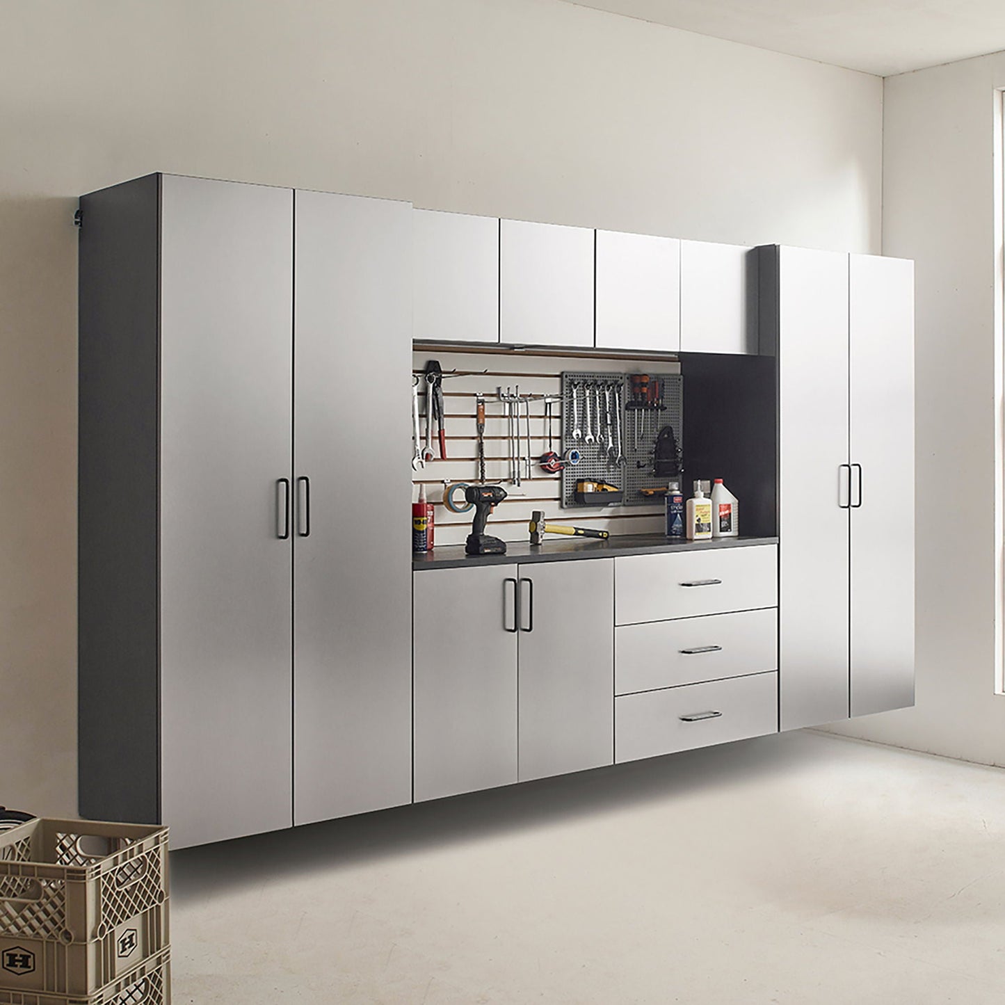 Astro Series wall-mounted storage cabinet with soft-closing drawers in metallic gray by HouseOfZazla on Tampa Home & Garden Store