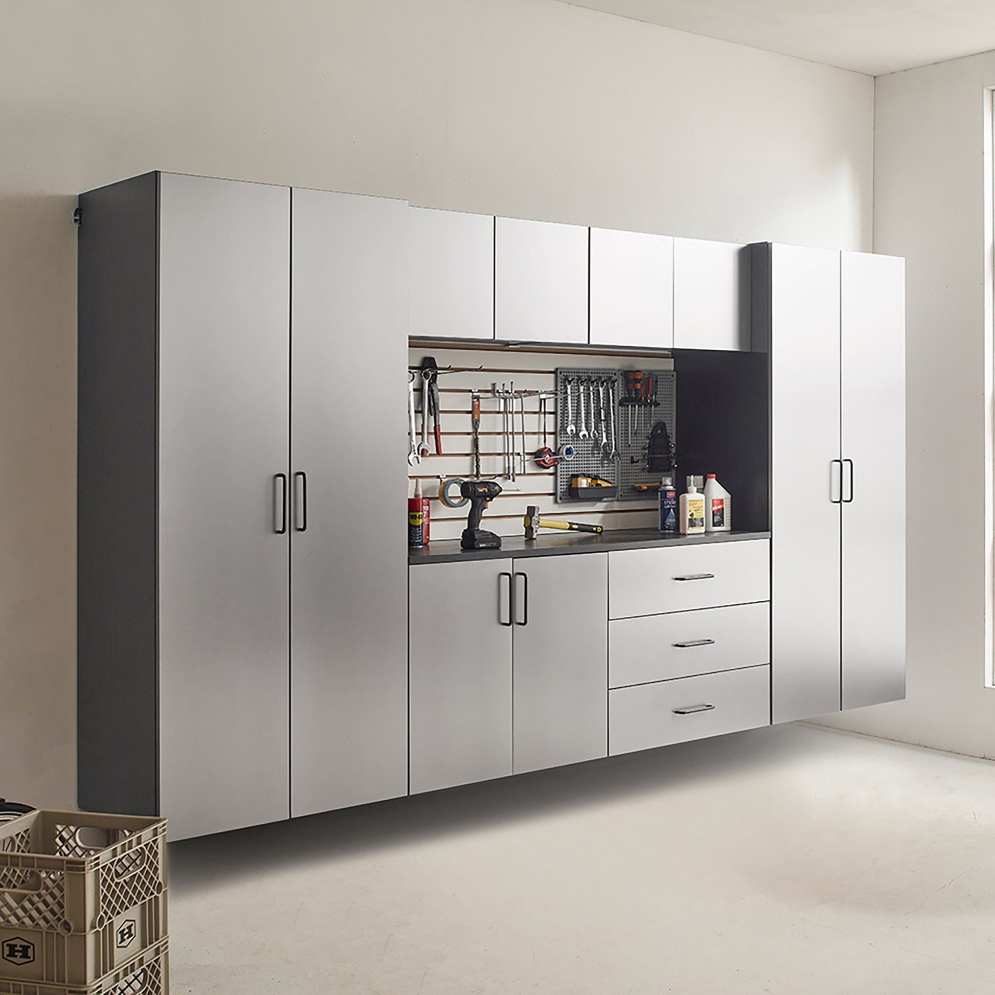 Astro Series wall-mounted storage cabinet with soft-closing drawers in metallic gray by HouseOfZazla on Tampa Home & Garden Store