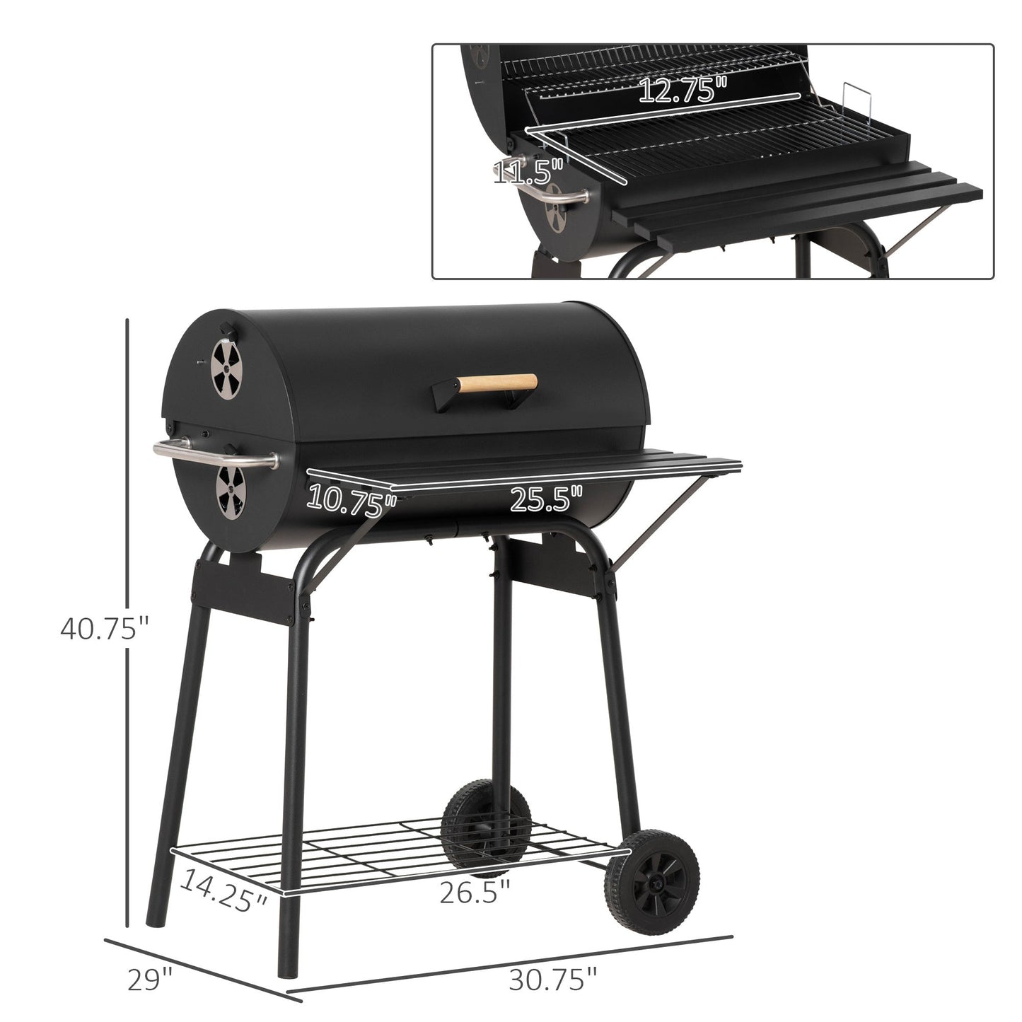 Outsunny 30' portable barrel charcoal BBQ grill on steel stand with wheels black on Tampa Home & Garden Store