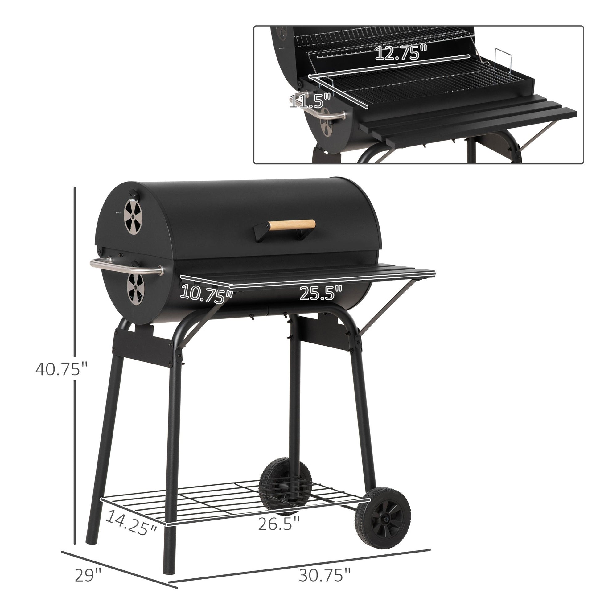 Outsunny 30' portable barrel charcoal BBQ grill on steel stand with wheels black on Tampa Home & Garden Store