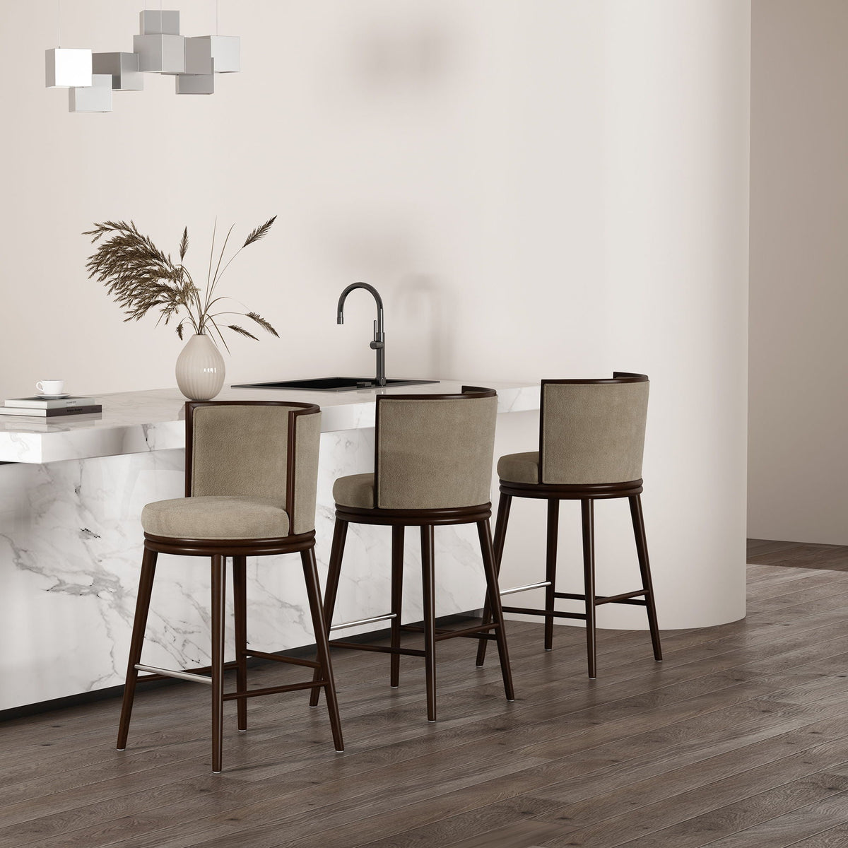 Evalyn Barstool set of 4, taupe fabric seats with dark wood legs, HouseOfZazla on Tampa Home & Garden Store
