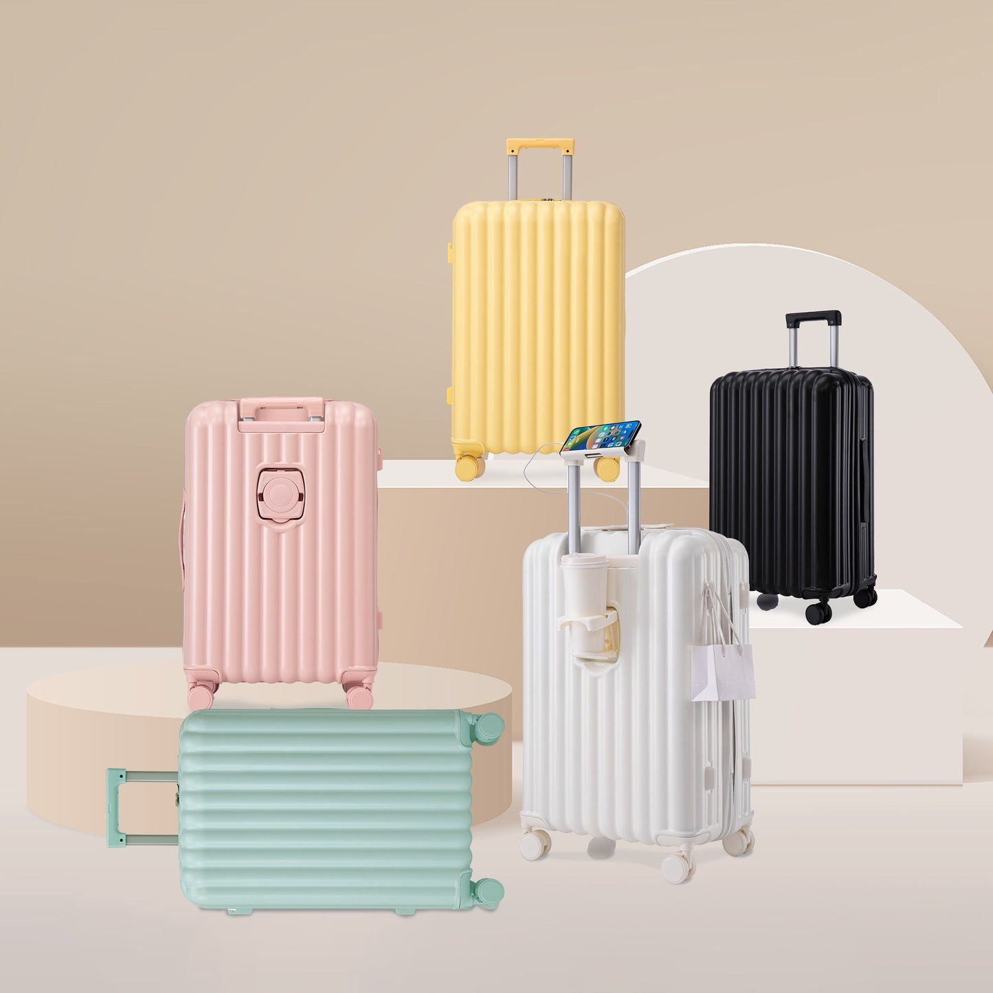 HouseOfZazla 3-piece pastel spinner luggage set (20/24/28) with USB port and cup/phone holder on Tampa Home & Garden Store