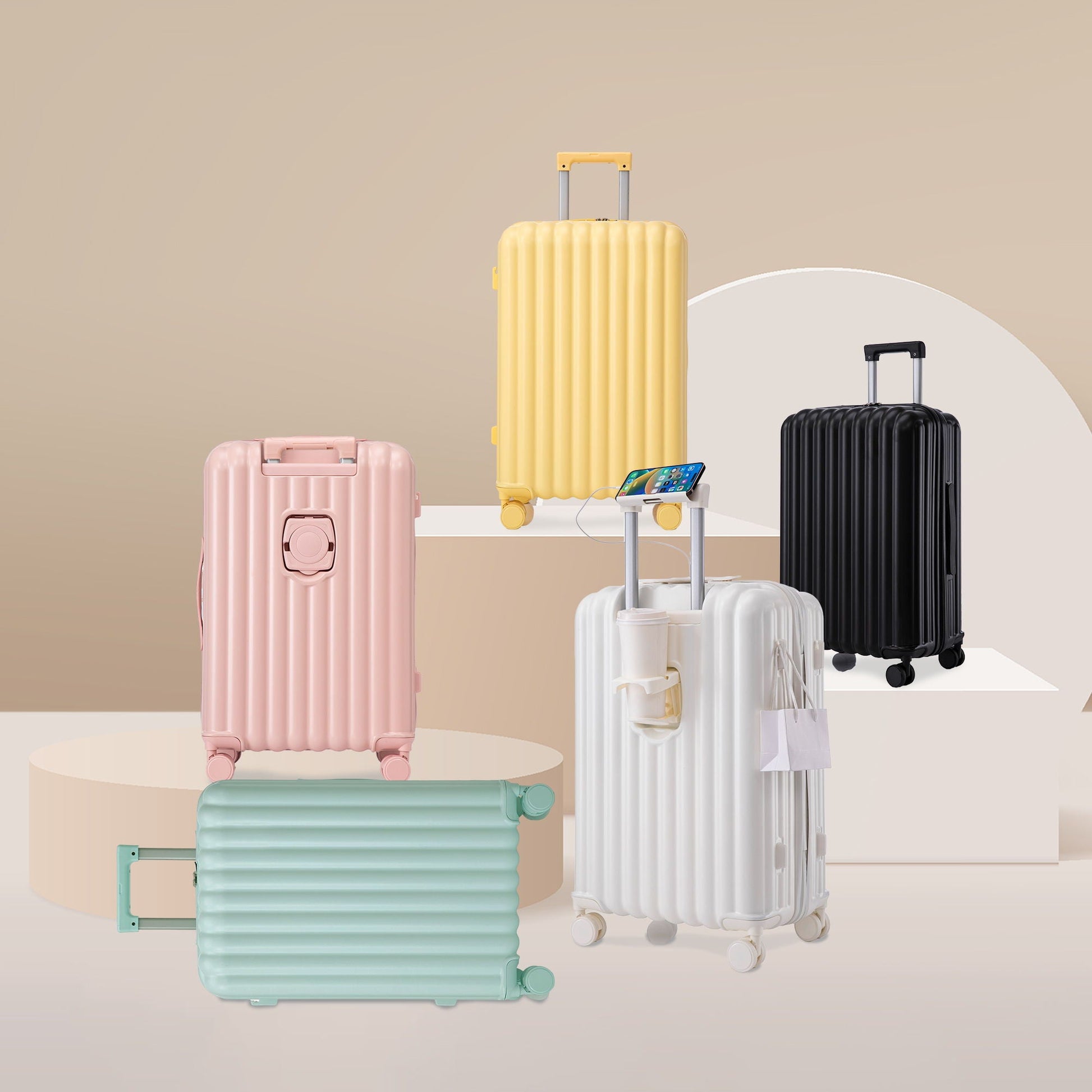 HouseOfZazla 3-piece pastel spinner luggage set (20/24/28) with USB port and cup/phone holder on Tampa Home & Garden Store