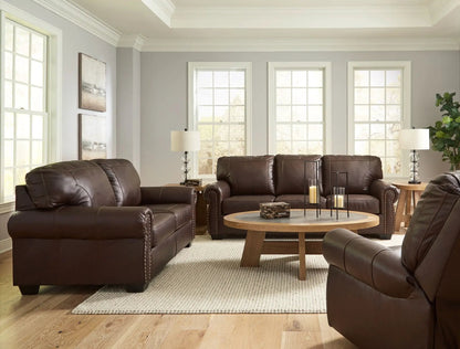 Colleton living room set leather sofas and loveseats in dark brown with round tables on Tampa Home & Garden Store