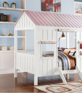 Spring full canopy bed in white with pink roof, HouseOfZazla kids bed with ladder on Tampa Home & Garden Store