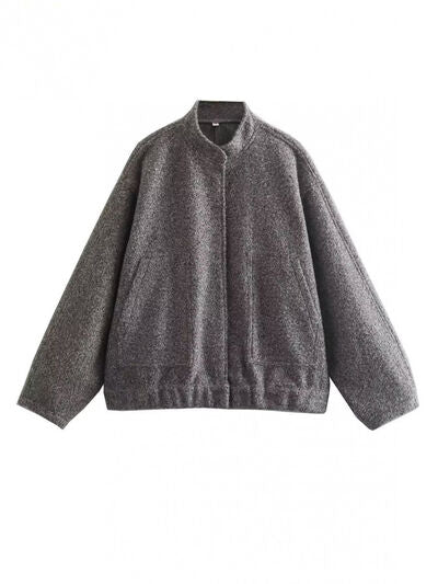 Stevvex Drop Shoulder Jacket with Snap Down Front and Pockets, charcoal grey textured knit on Tampa Home & Garden Store