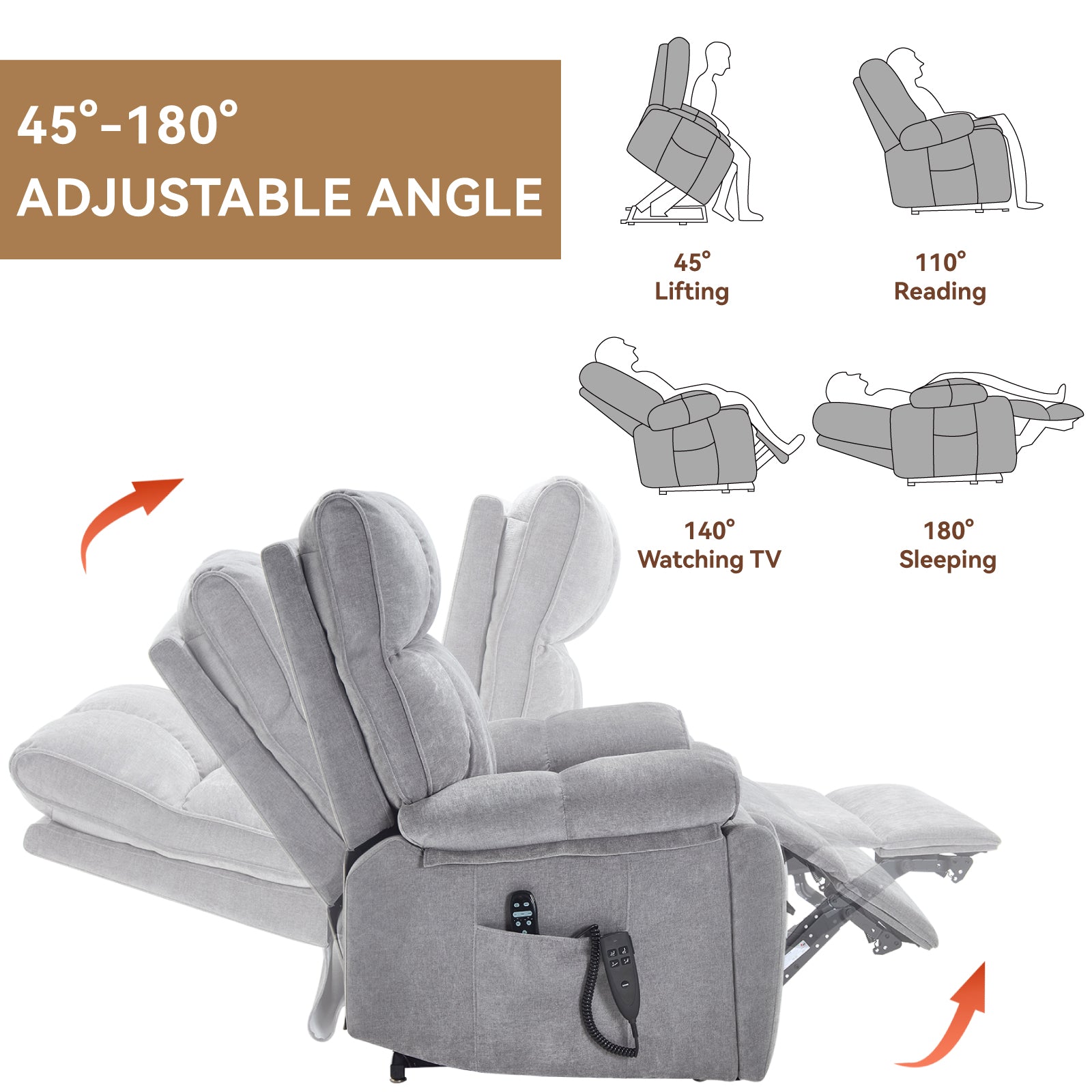 Grey heat massage dual-motor electric lift recliner by HouseOfZazla with remote pocket on Tampa Home & Garden Store