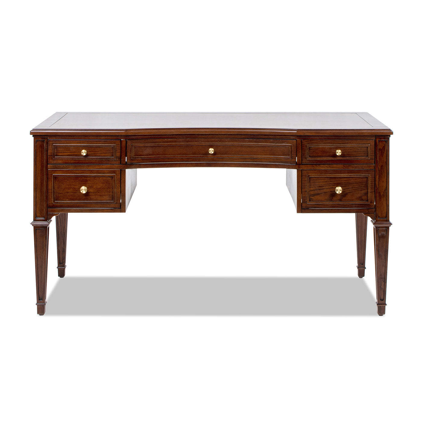 Dauphin Gold Accent 5-Drawer Wood Executive Desk in dark walnut ash wood veneer with brass knobs on Tampa Home & Garden Store