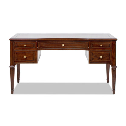 Dauphin Gold Accent 5-Drawer Wood Executive Desk in dark walnut ash wood veneer with brass knobs on Tampa Home & Garden Store