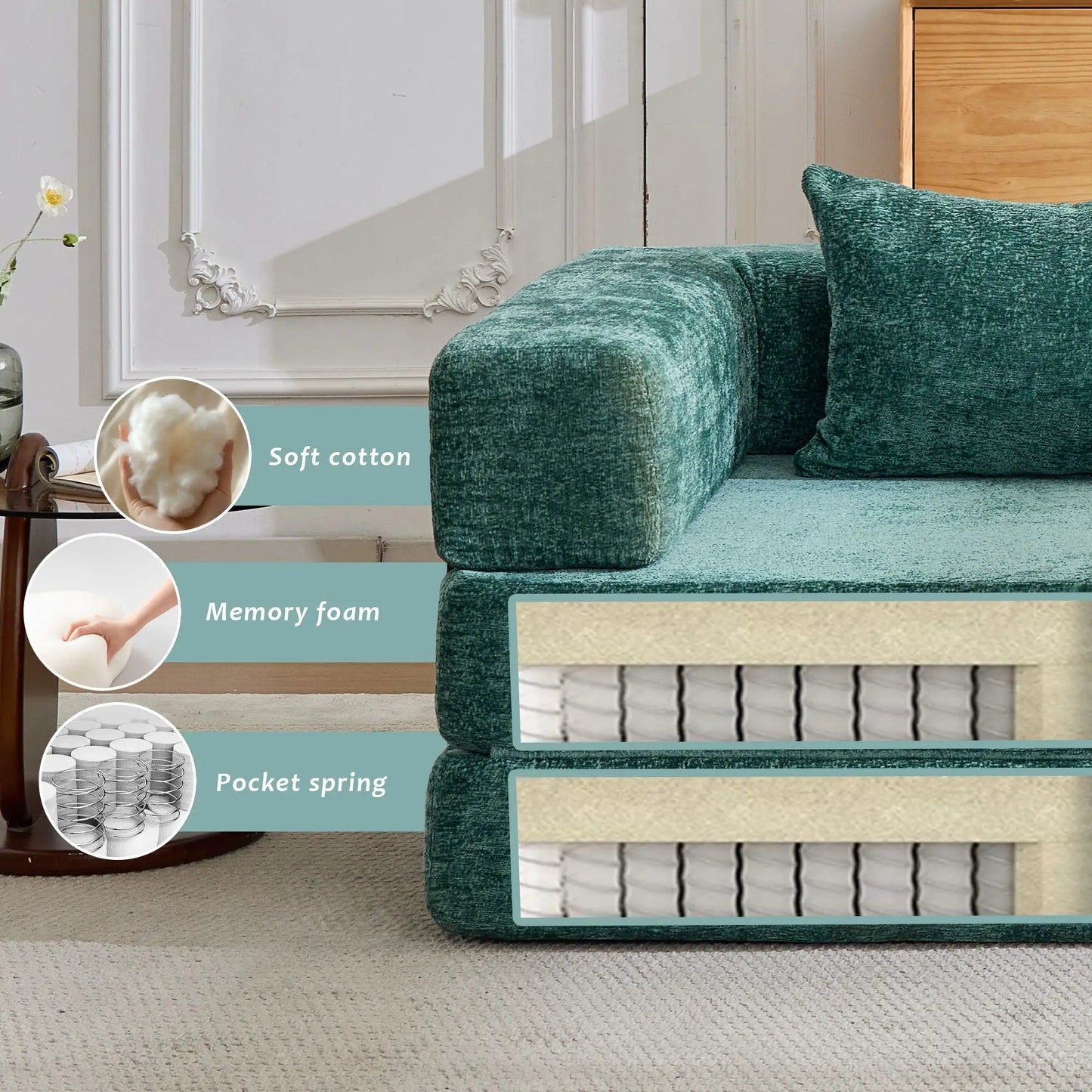 Convertible floor sofa bed futon with teal velvet modular sections Unique Piece Furniture on Tampa Home & Garden Store
