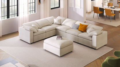 U_Style 120.8in Extra Large 7-Seater Modular Sofa beige fabric with ottoman HouseOfZazla on Tampa Home & Garden Store