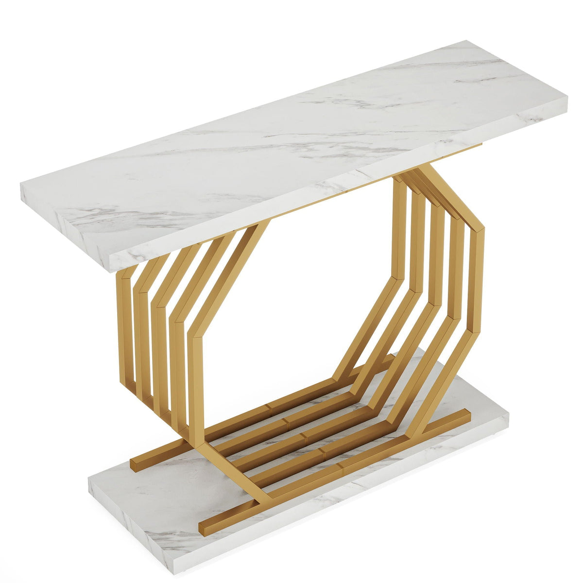 White and gold faux marble top console table with geometric gold metal base by HouseOfZazla on Tampa Home & Garden Store