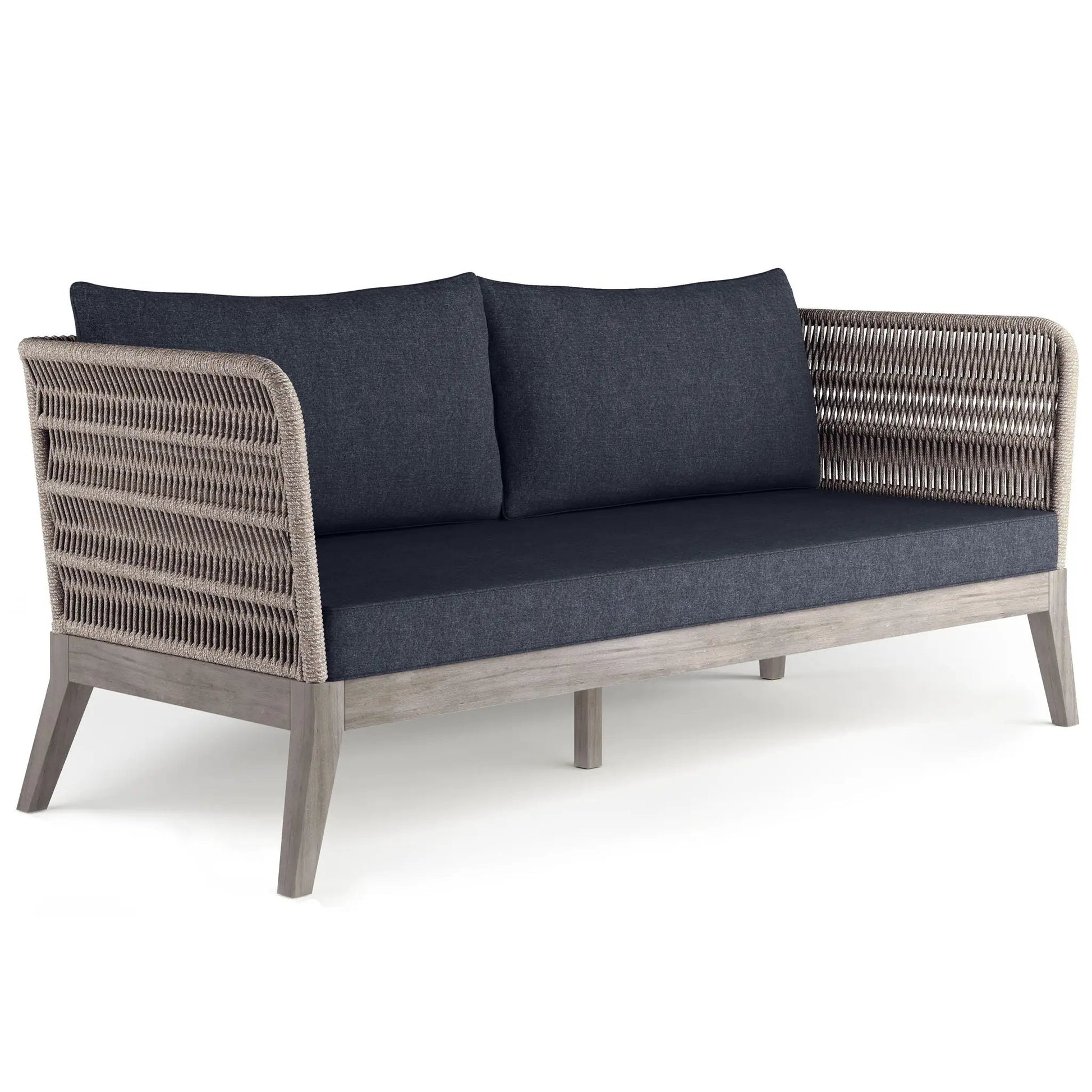 Santiago outdoor sofa slate gray cushions with a woven rattan frame and wood base on Tampa Home & Garden Store