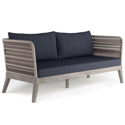 Santiago outdoor sofa slate gray cushions with a woven rattan frame and wood base on Tampa Home & Garden Store
