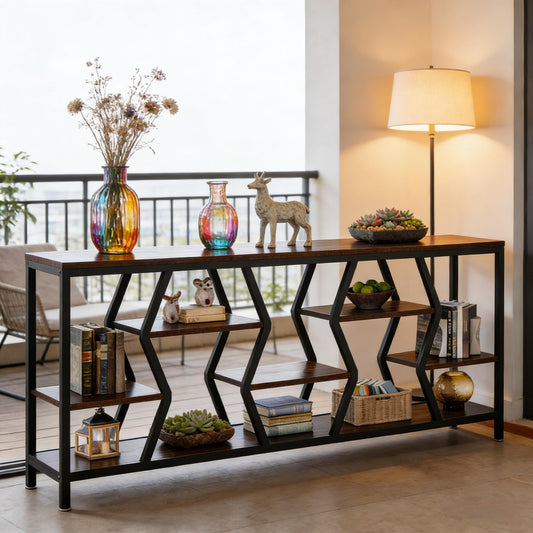 Durable Sofa Console Table with Generous Storage, dark wood top and black metal frame on Tampa Home & Garden Store