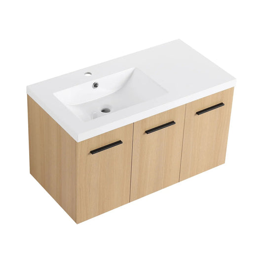 Wall mounted floating bathroom vanity with sink, 3-door modular cabinet in light wood on Tampa Home & Garden Store