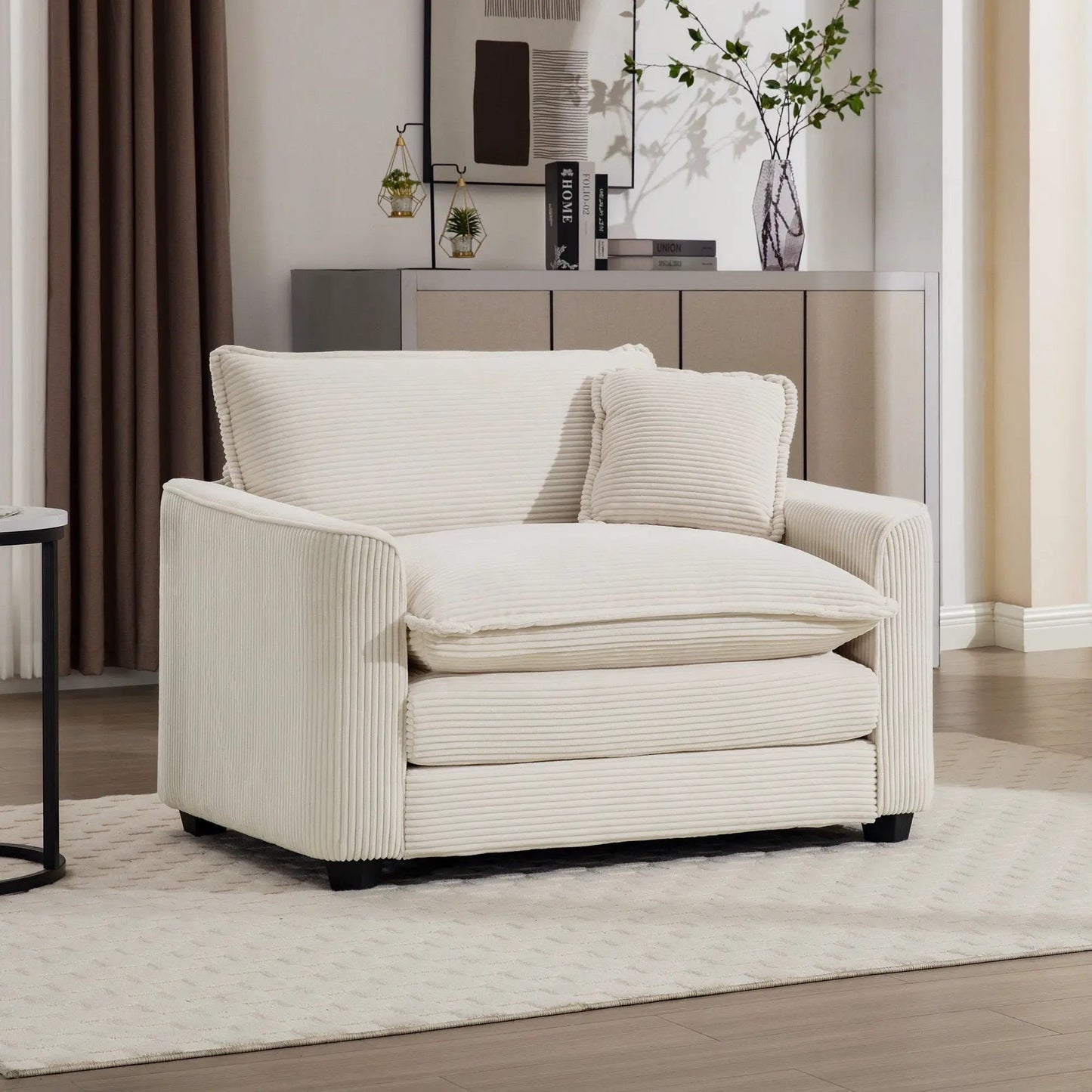 Modern Classic Fabric Single Chair cream ribbed upholstery with pillow on Tampa Home & Garden Store